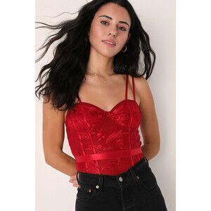 Lulus Sultry Scenario Wine Red Lace Bustier Bodysuit - Size M